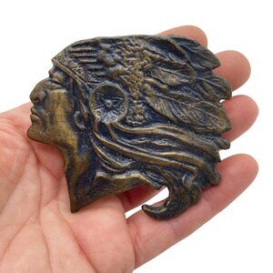 Vintage 1983 Solid Brass Native American Chief Belt Buckle Feathered Headdress